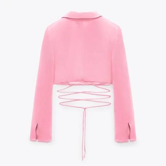 Zara Set - Pink Cropped Satin Effect Blazer & Full Length Pants - Picture 13 of 17